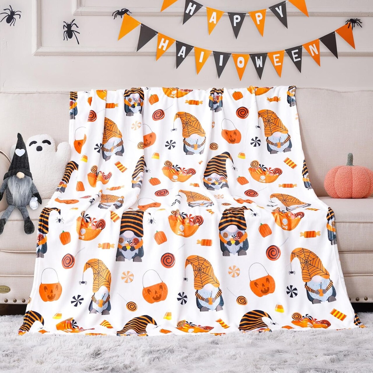 Halloween Blanket Pumpkin Throw Blanket Cozy Fall Throw Blanket for Women Kids Men Soft Blanket for Couch Living Room Halloween Decor Bed Throw Blanket 50 X 60 Inch Gnomes